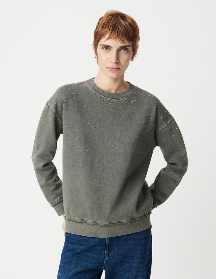 Sweat gris loose molleton décor clous Femme-3