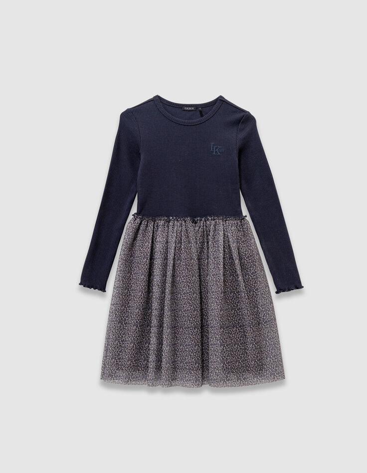 Marineblaues Mädchen-Tüllkleid Mischgewebe Leo-Schleife-1 Marineblaues Mädchen-Tüllkleid Mischgewebe Leo-Schleife-1