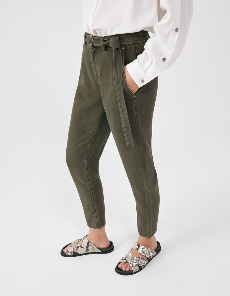 Kaki baggy jeans afneembare ceintuur zilver gesp dames-2