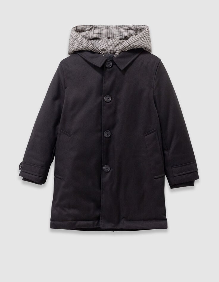 Boys’ black trench coat with check hood facing-1 Boys’ black trench coat with check hood facing-1