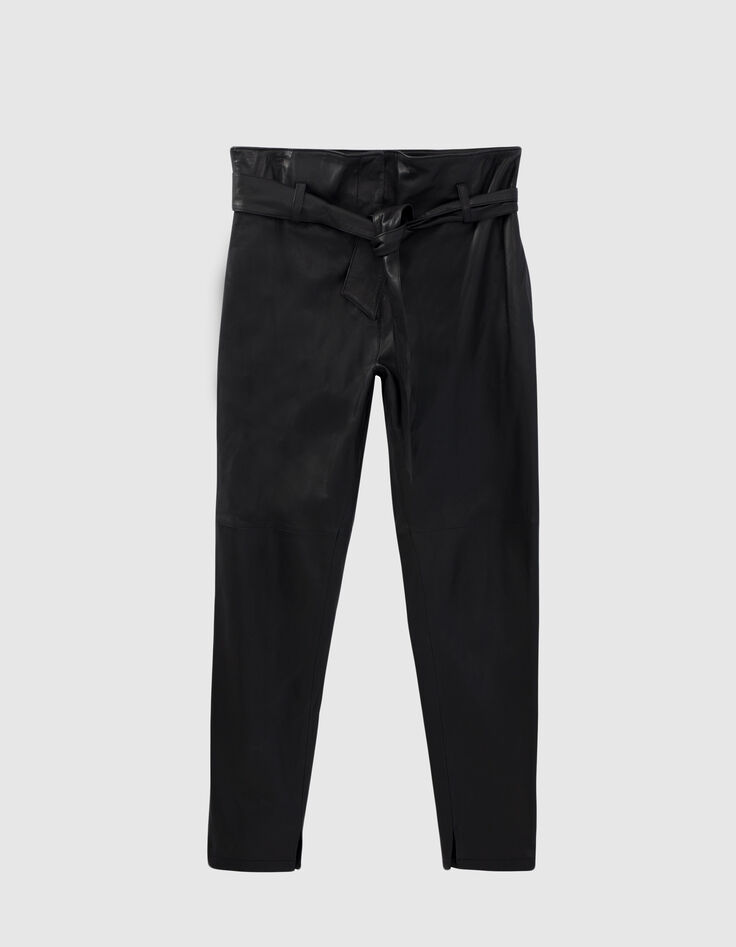 Women's black lambskin leather high-waist trousers-5