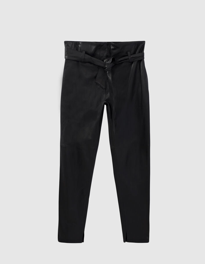 Zwarte broek met hoge taille in lamsleer dames-6