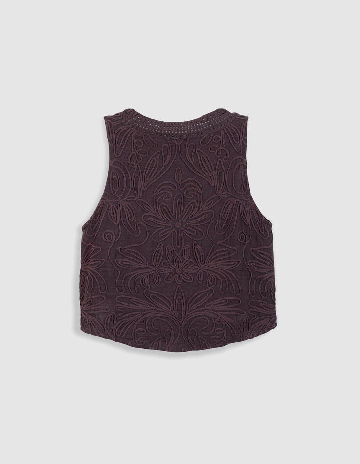 Top sans manches bordeaux motifs brod&eacute;s crochet Femme-8