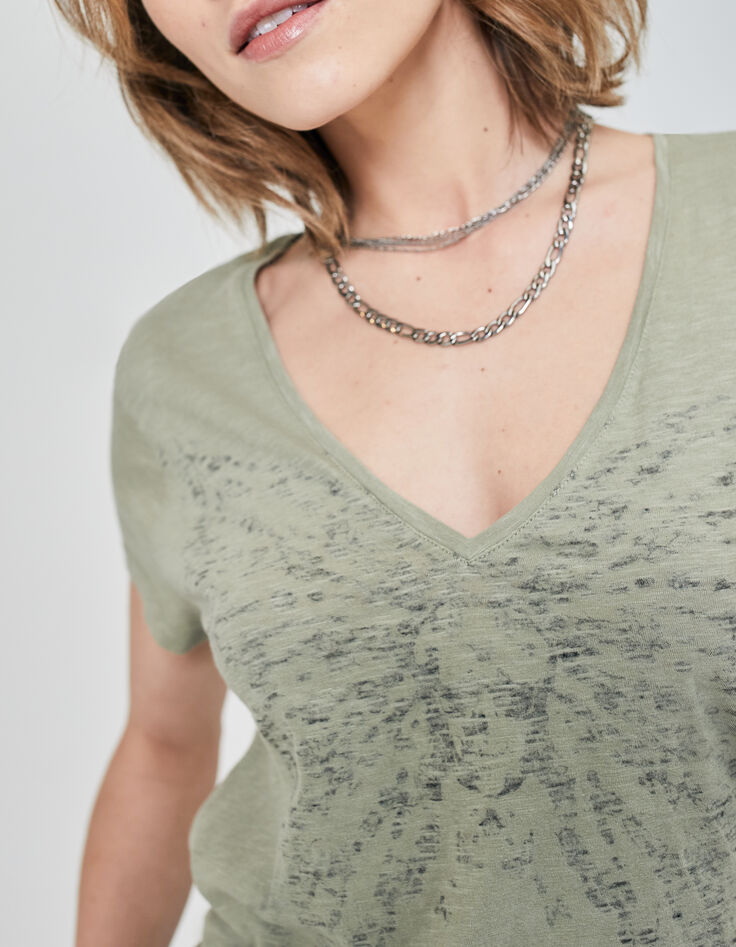 Women’s khaki cotton T-shirt with butterfly image-3