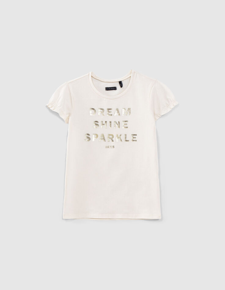 Ecru T-shirt metallic tekst meisjes-1