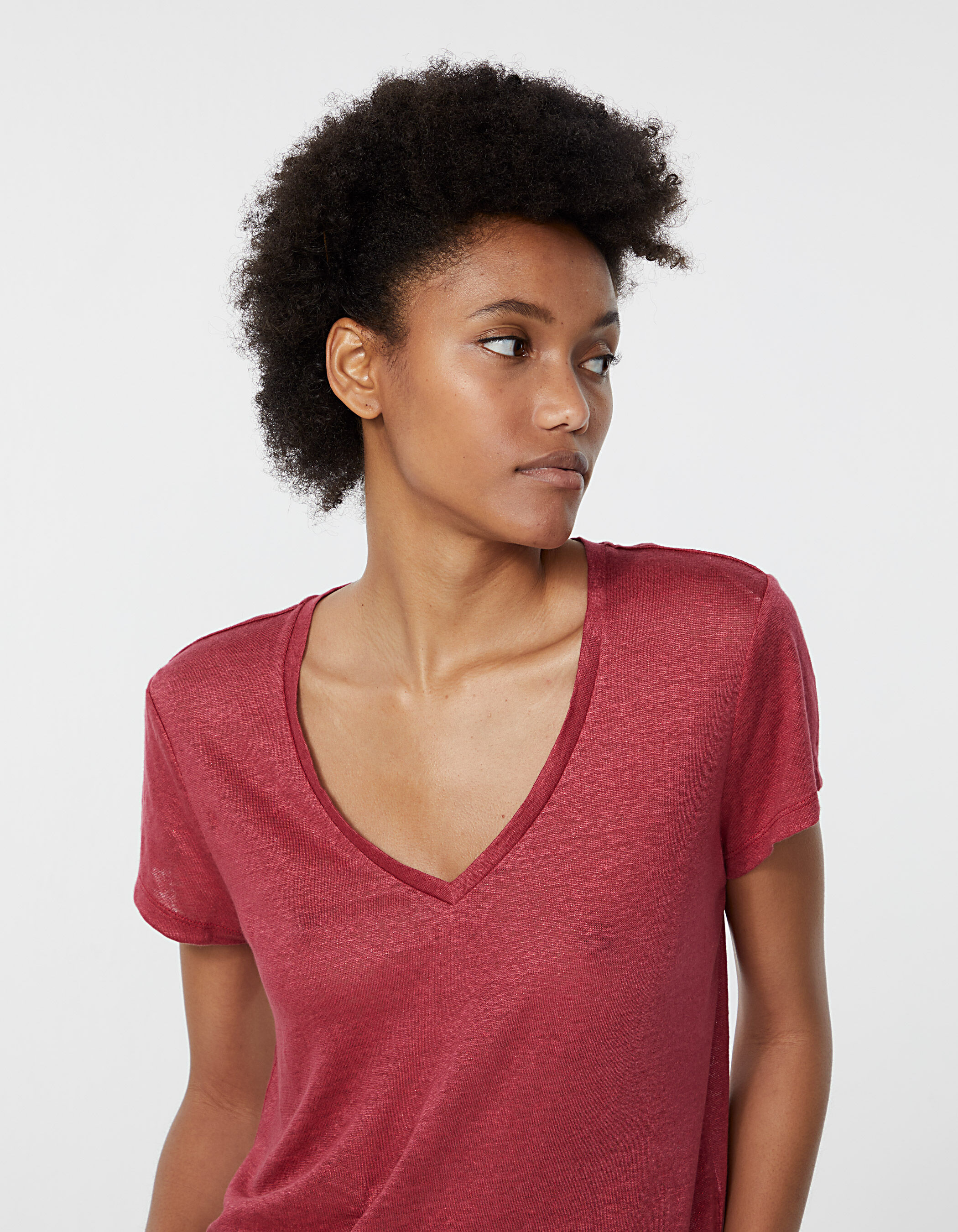 Women s lipstick pink foil linen V neck T shirt