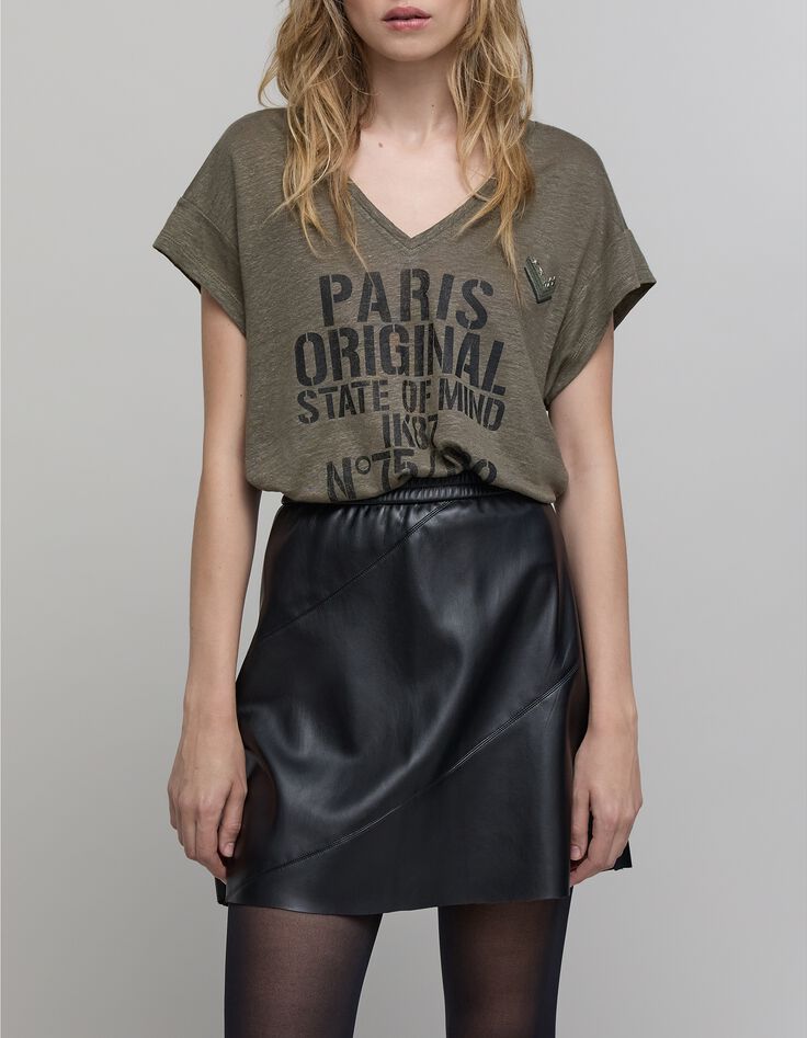 Khakifarbenes Damen-T-Shirt mit milit&auml;rischer Botschaft-3