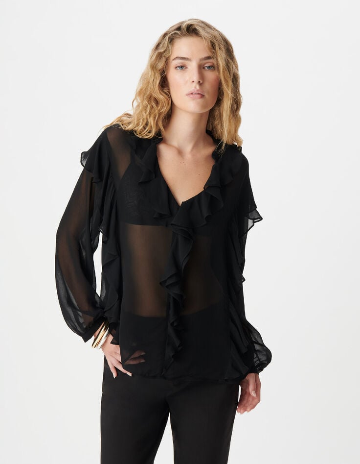 Blouse noire fluide &agrave; jabot et volants Femme-2