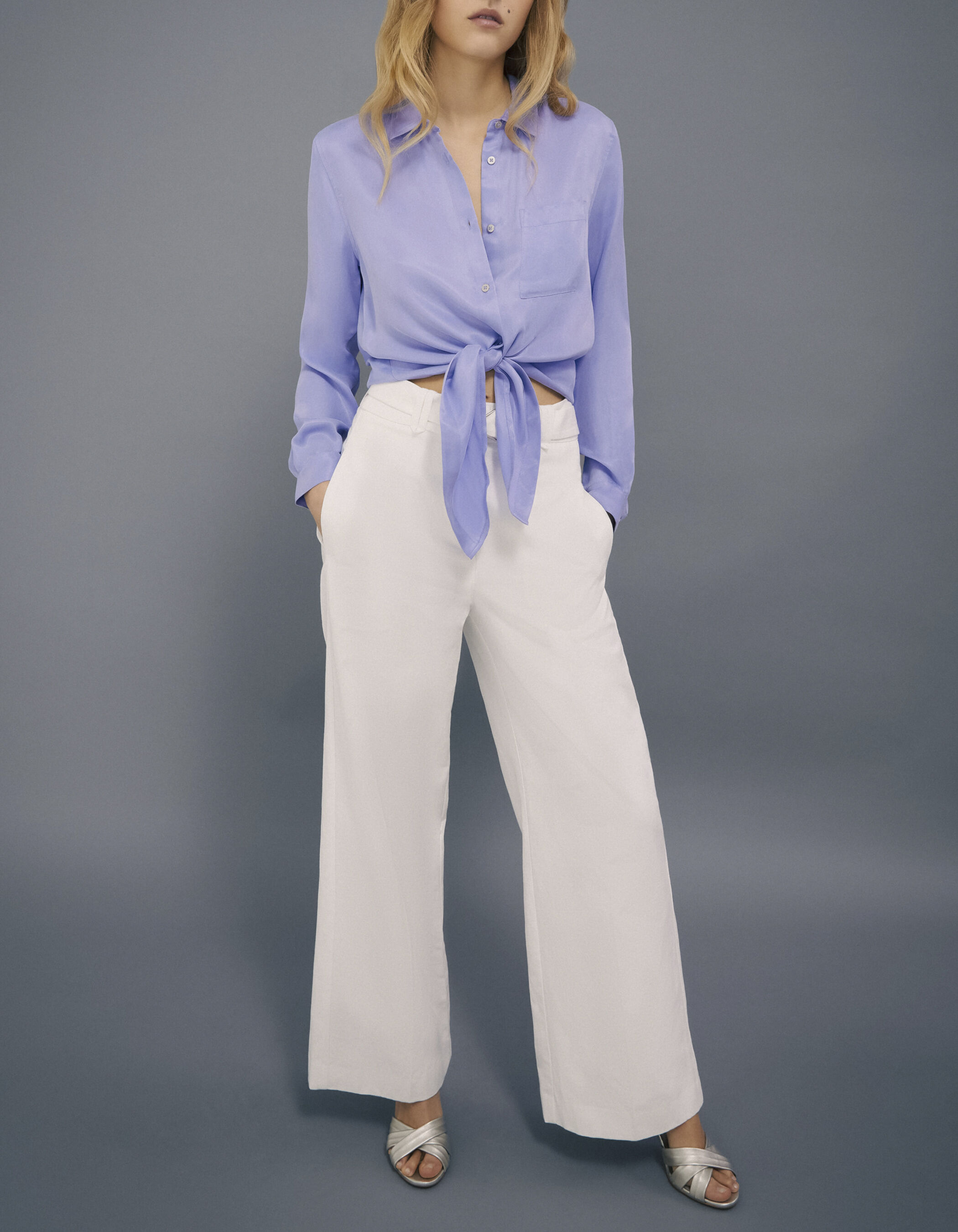Chemise lilas effet satine a nouer devant Femme