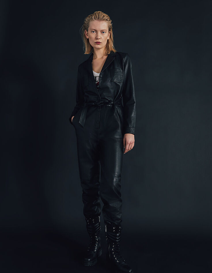 Women&rsquo;s black lambskin leather long jumpsuit-7