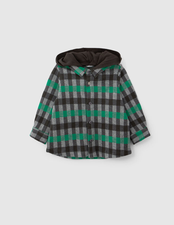 Camisa gris de bebé niño con estampado de cuadros verdes-1