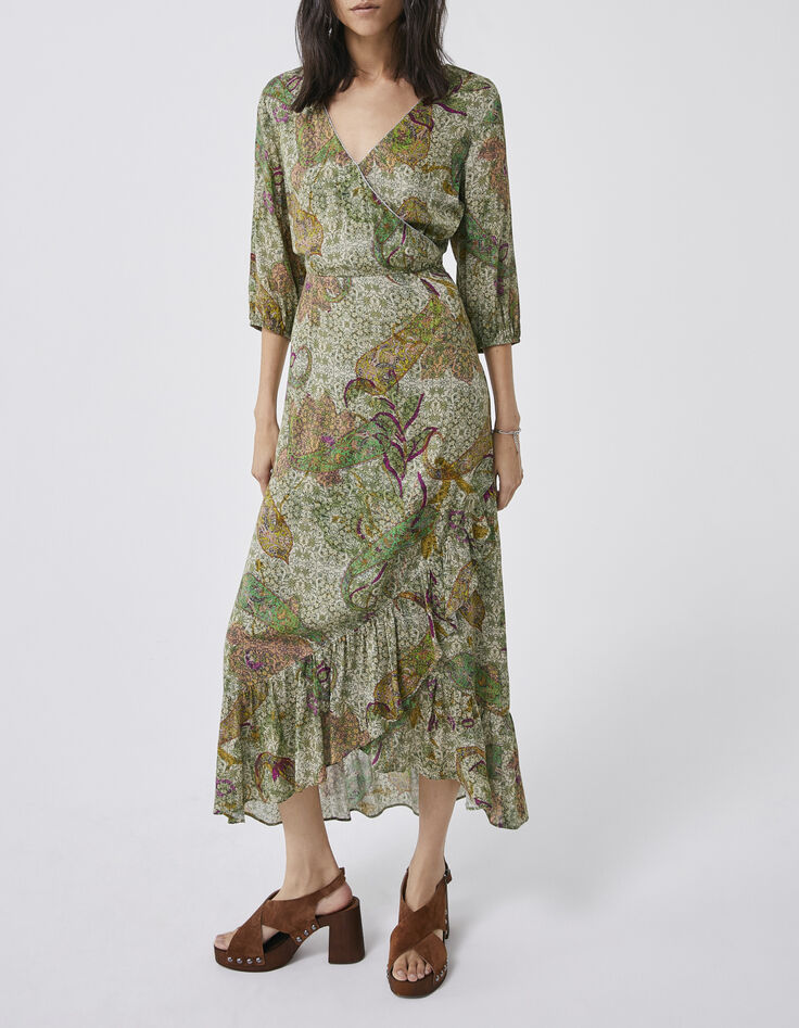 Cremeweißes langes Damenkleid, asymmetrisch, Paisley-Print-1