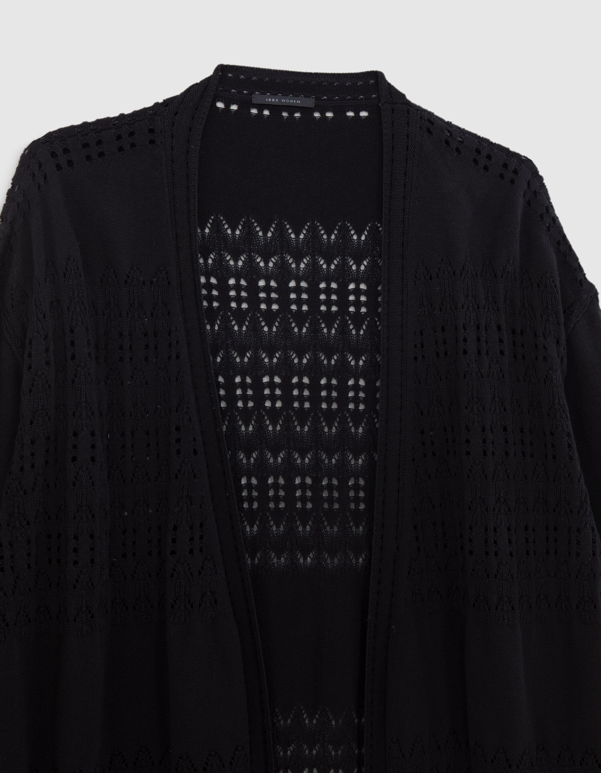 Women's black openwork knit long cardigan with mesh IKKS