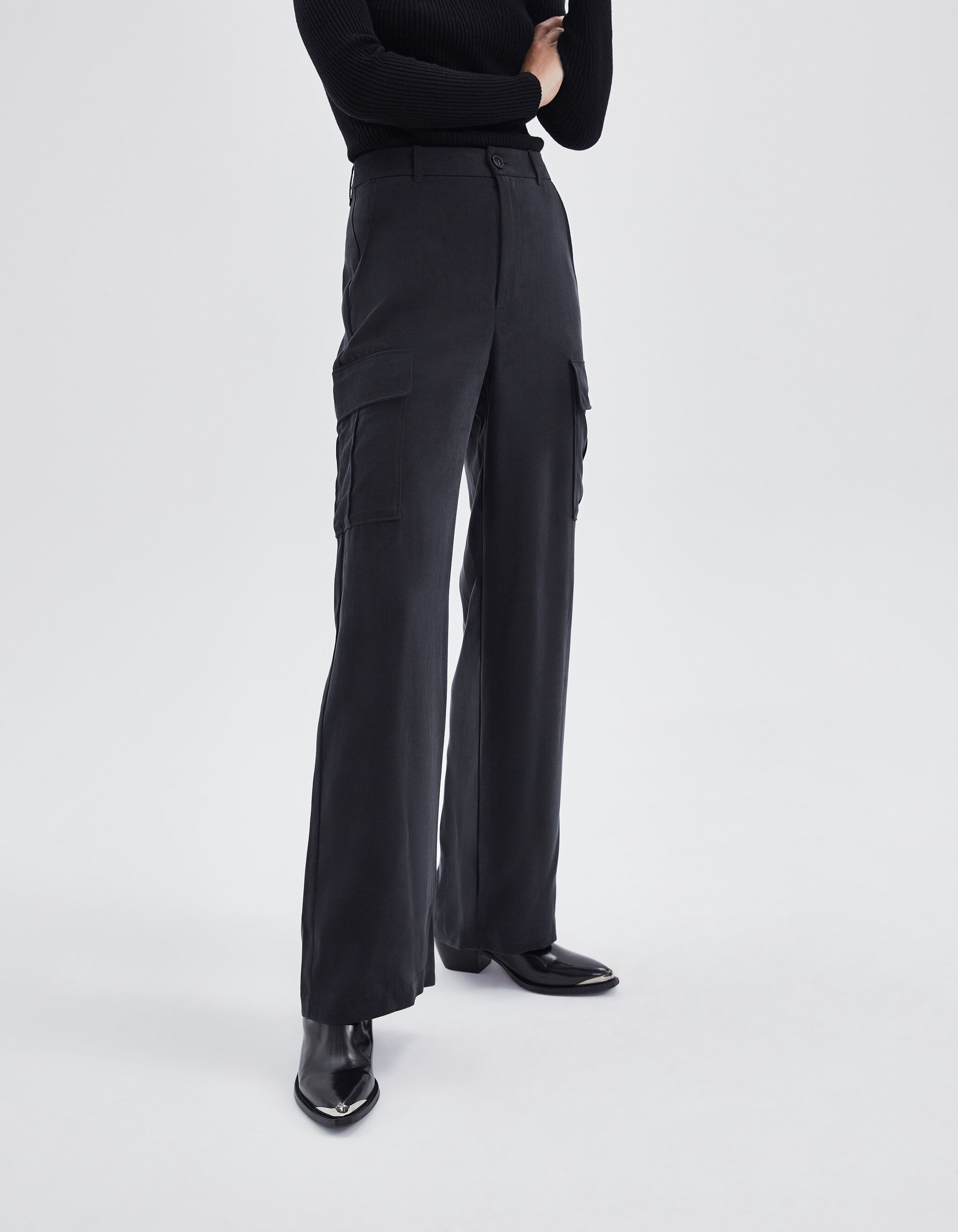 Pantalon battle noir Lyocell taille haute Femme