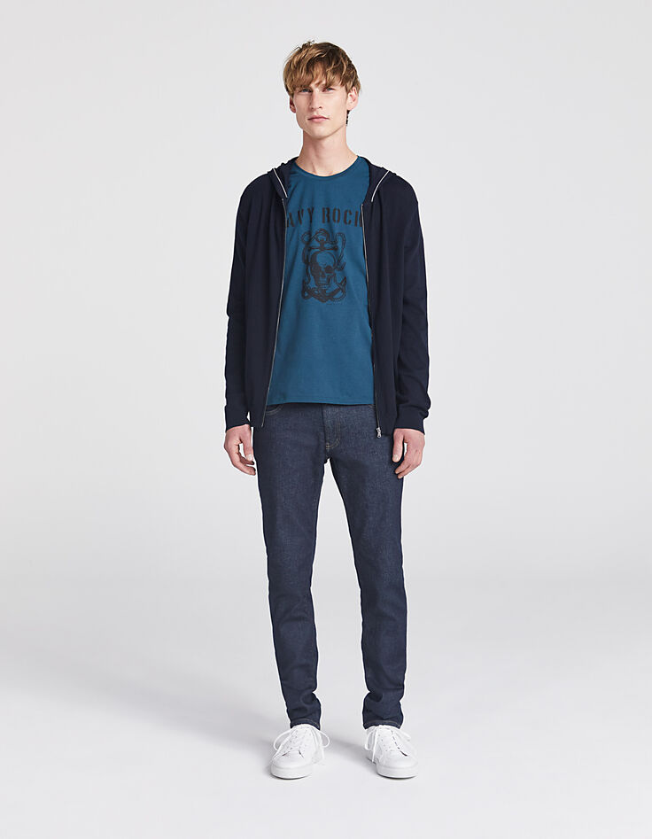 Men’s navy cardigan with ecru striped hood-5