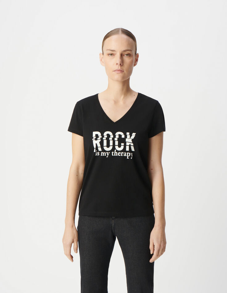 Schwarzes T-Shirt aus Bio-Baumwolle mit Pailletten-Botschaft f&uuml;r Damen-3