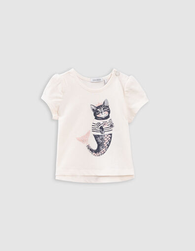 Ecru T-shirt biokatoen glitterpoes-zeemeermin babymeisjes - IKKS