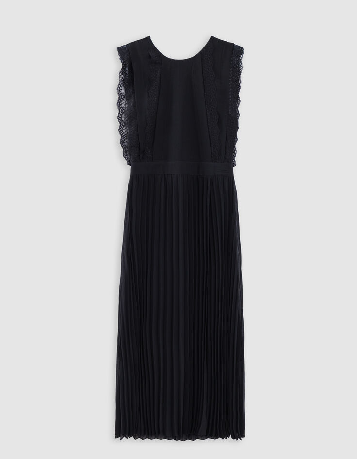 Robe longue noire pliss&eacute;e bandes dentelle Femme-5