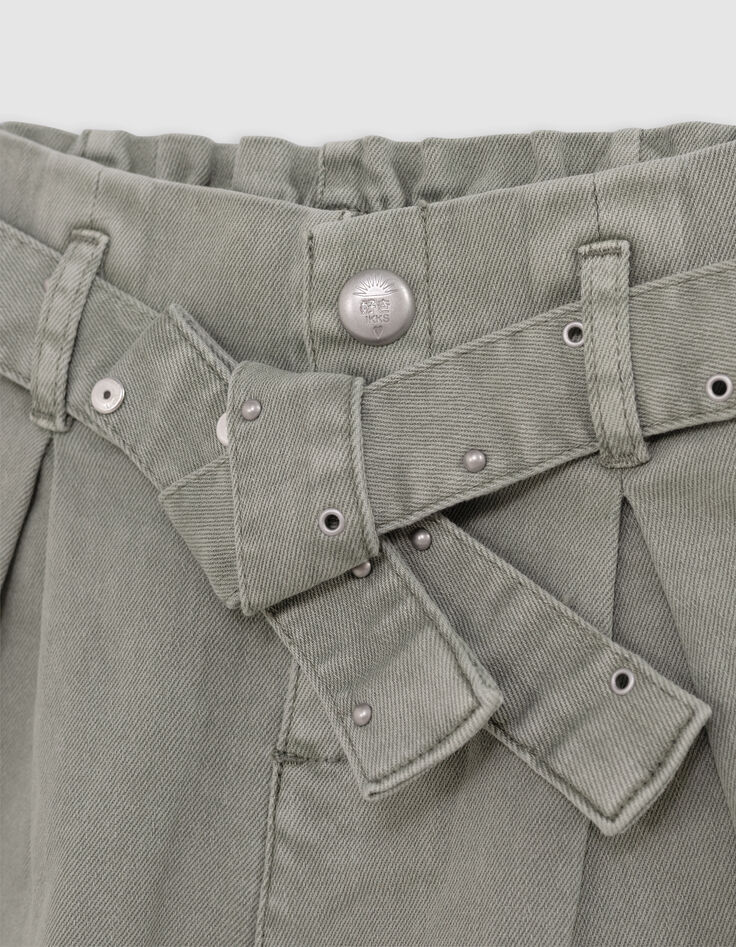 Short en jean kaki ceinture clous et oeillets fille-4