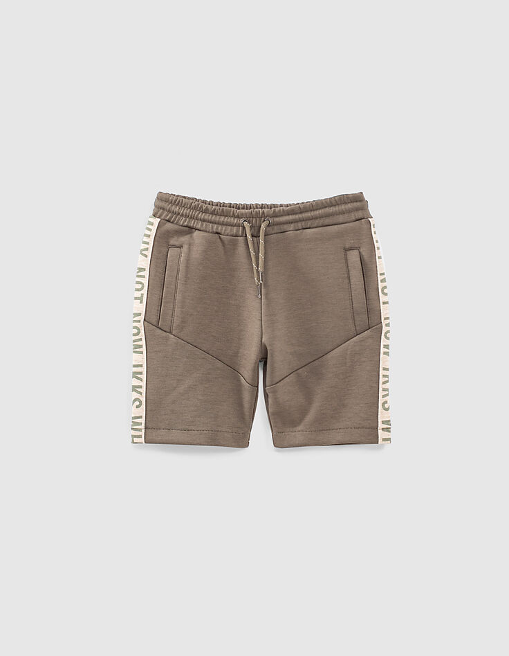Bermuda kaki foncé molleton avec typo côtés garçon -1 Bermuda kaki foncé molleton avec typo côtés garçon -1