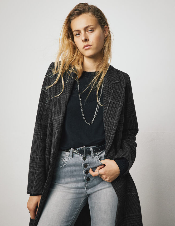 Manteau long à carreaux gris et capuche en molleton femme-1