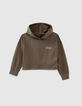 Girls’ bronze cropped T-shirt with print on back and hood-1