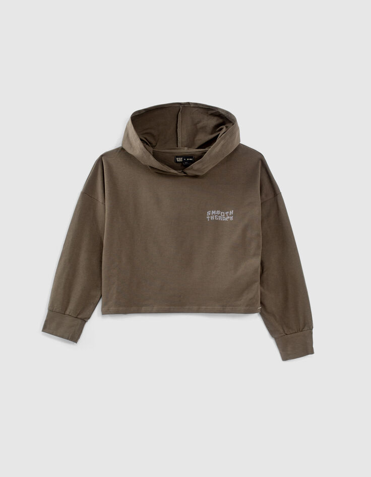Girls’ bronze cropped T-shirt with print on back and hood-1