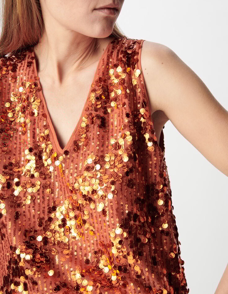 Mouwloze top met pailletten in pompoenkleur &ndash; Dames-7