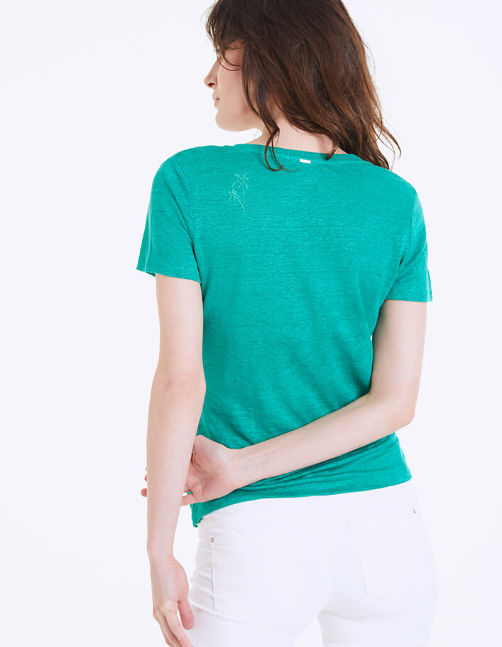 Groen linnen T-shirt palmborduursel rug - IKKS
