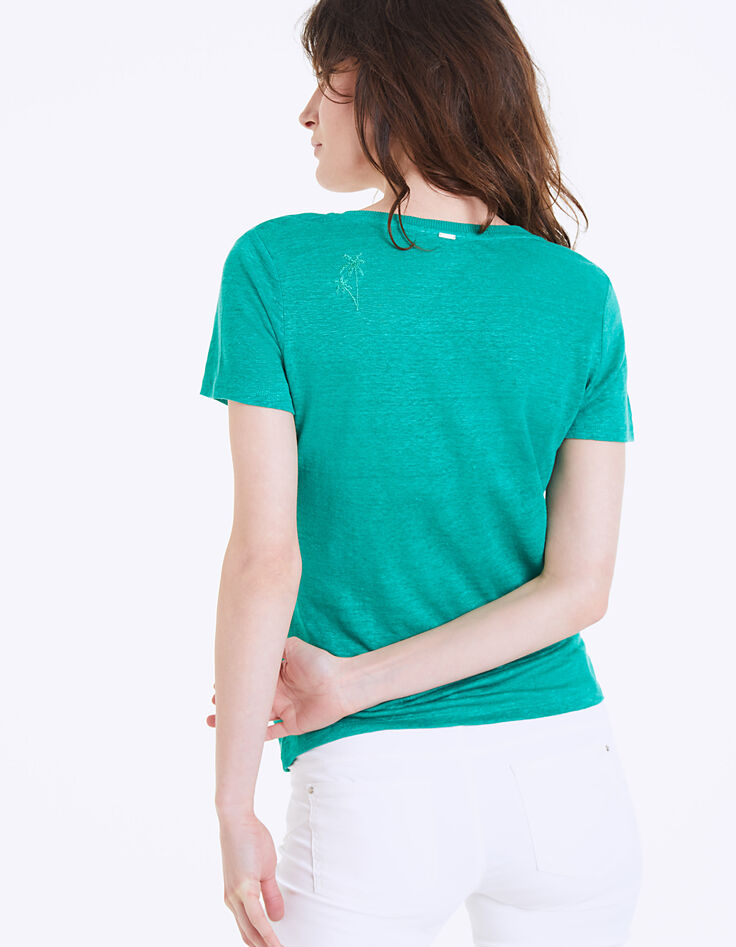 Tee-shirt en lin vert broderie palmier dos femme-3 Tee-shirt en lin vert broderie palmier dos femme-3