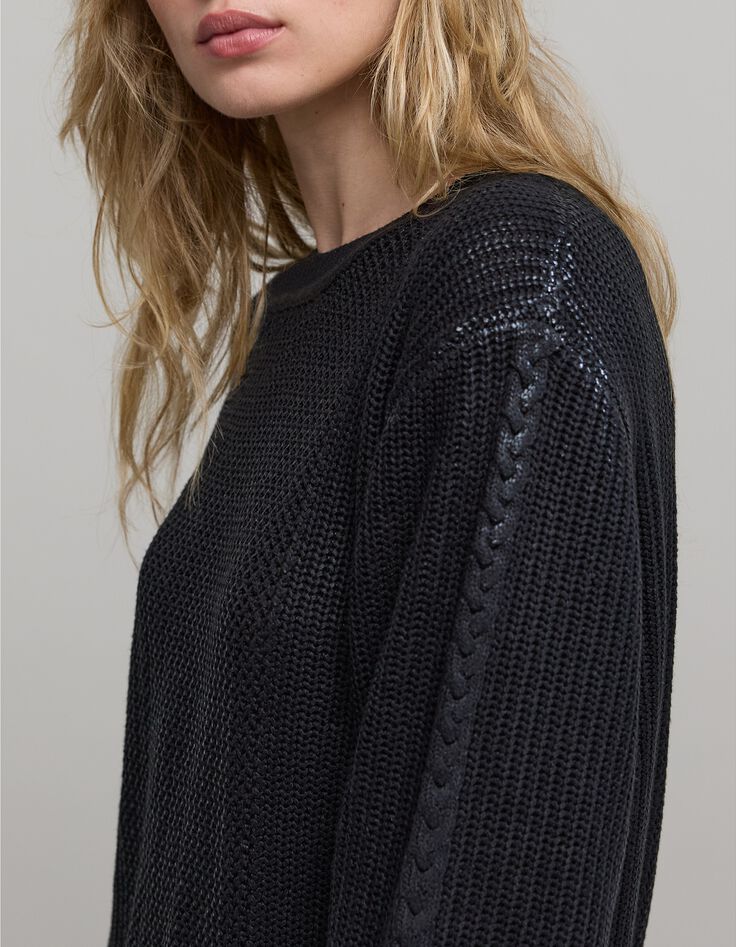 Women's black openwork knit sweater-5