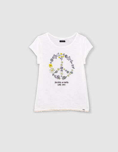 Girls' off-white Peace & Love flower organic T-shirt - IKKS