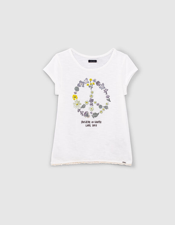 Camiseta blanco roto orgánico peace and love flores niña