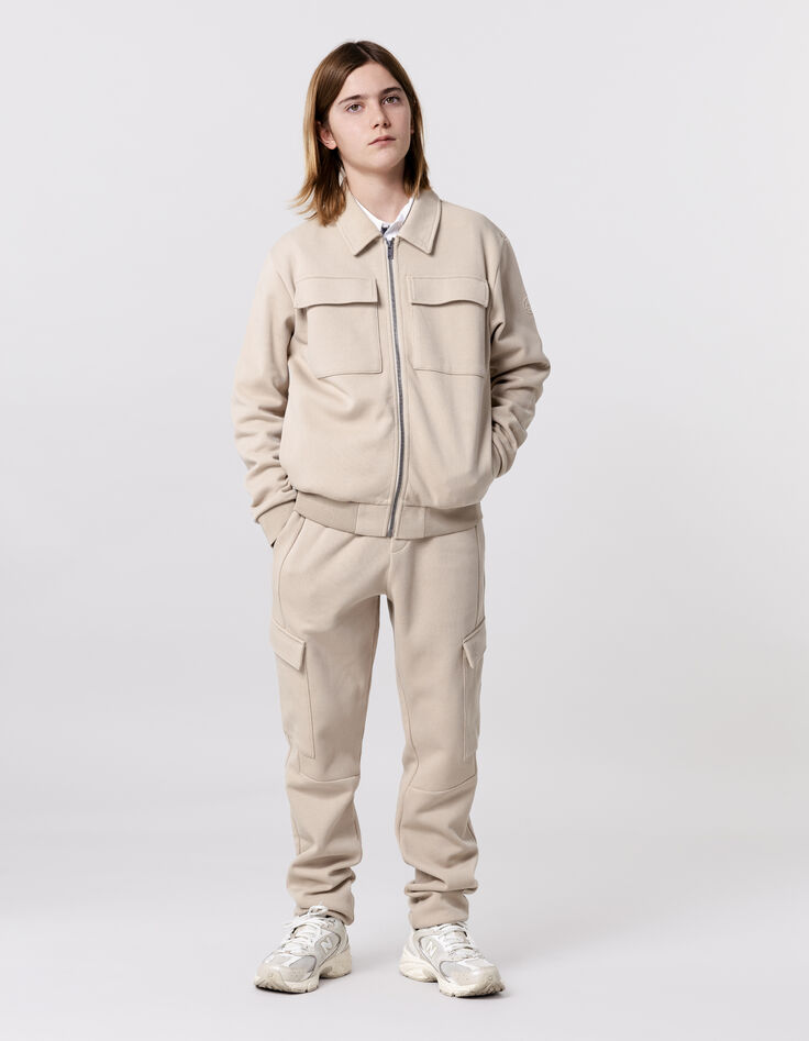 Cardigan beige zippé molleton piqué garçon-1