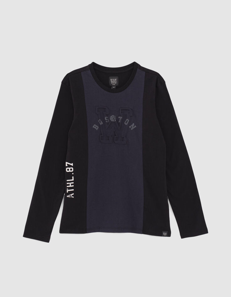 Tweekleurig T-shirt navy reli&euml;f maxi-letter jongens -1