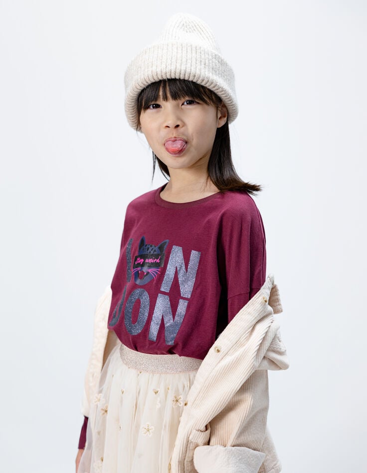 Bordeaux T-shirt biokatoen tekst en poes meisjes-2