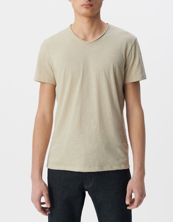 L&lsquo;Essentiel Herren-T-Shirt beige Bio-Baumwolle V-Kragen-2
