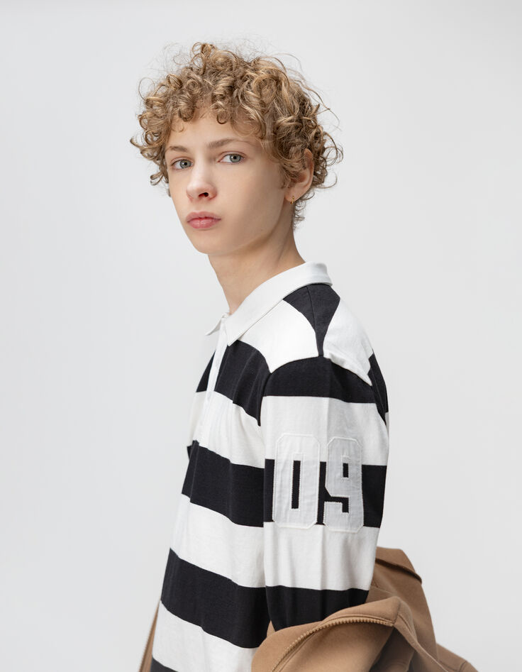 Boys’ black long-sleeved polo shirt with ecru stripes-1 Boys’ black long-sleeved polo shirt with ecru stripes-1