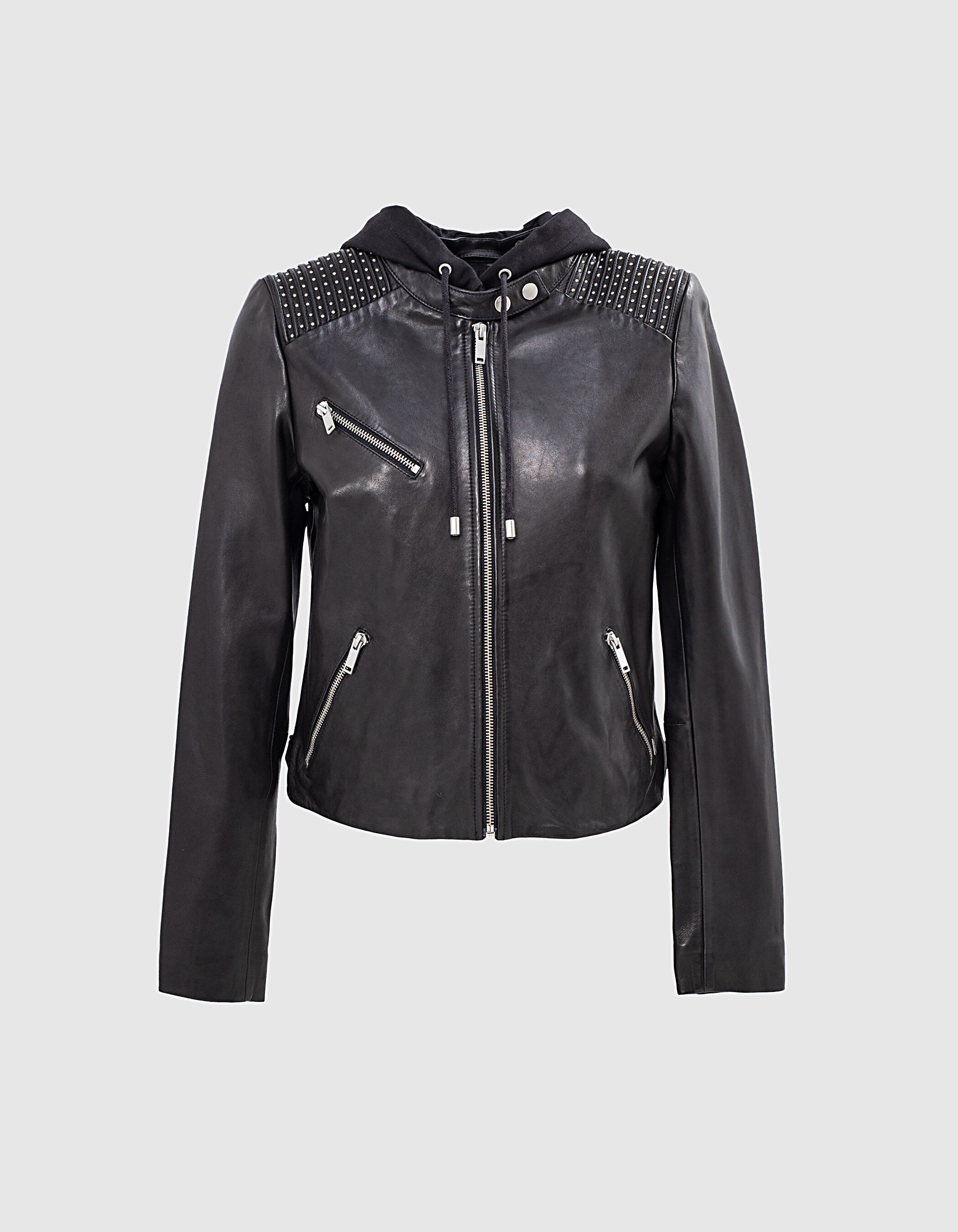 Women s black lambskin jacket with removable hood IKKS