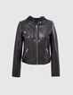 Blouson noir en cuir d'agneau capuche amovible femme-1
