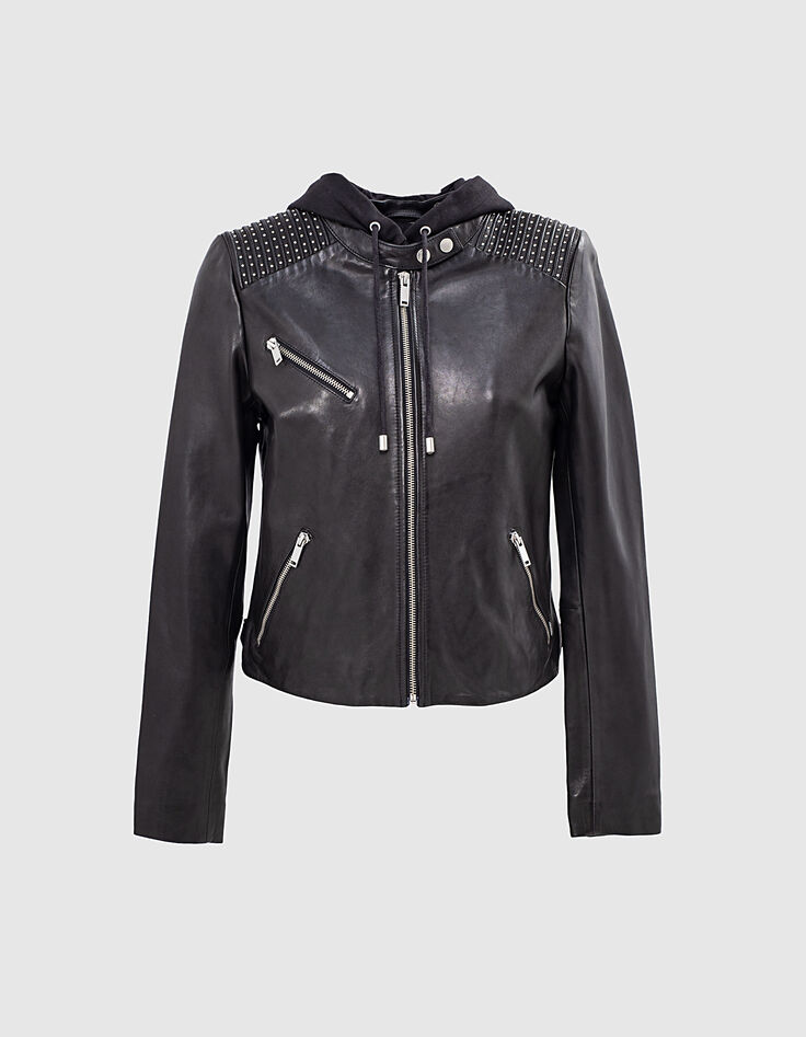 Blouson noir en cuir d'agneau capuche amovible femme-1