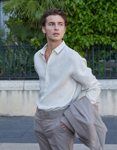 Men’s beige linen SLIM shirt - IKKS