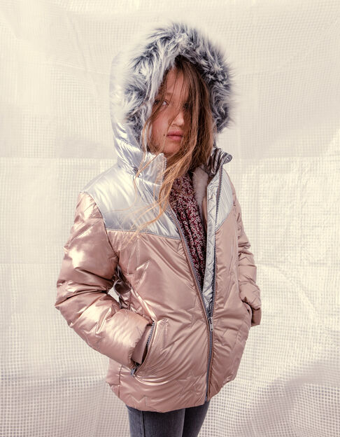 Girls’ pale pink padded jacket, star/lightning embroidery