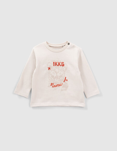 Beige T-shirt bio tijger en geflockte letters babyjongens