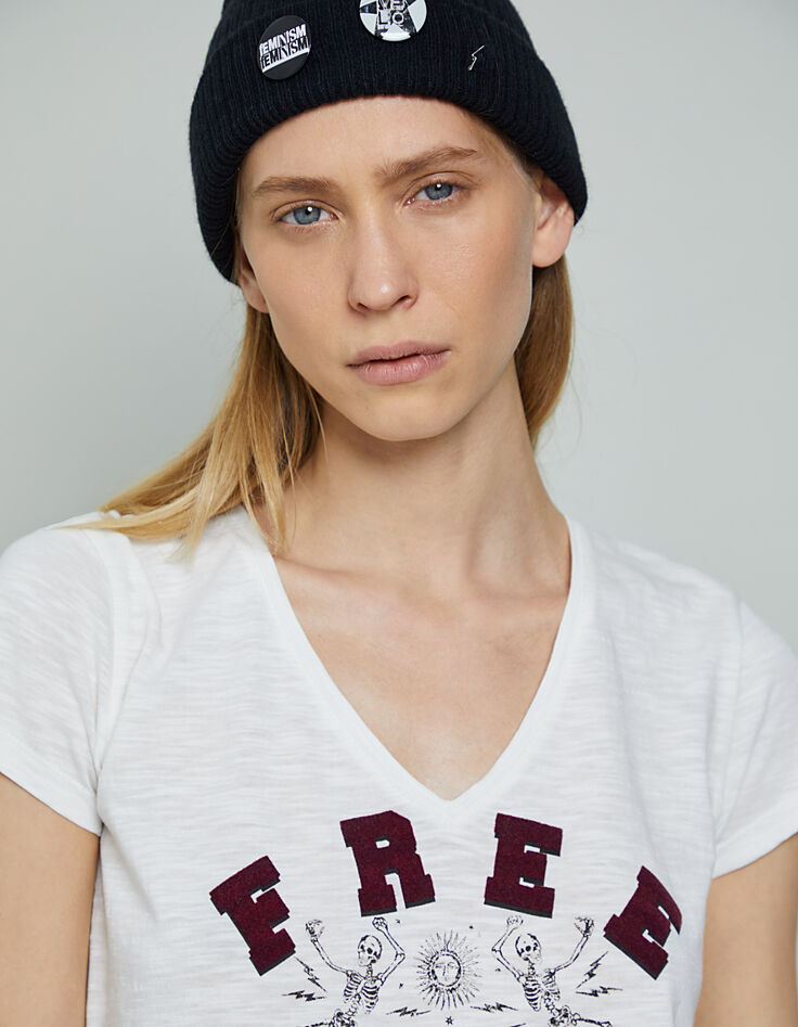 Tee-shirt blanc cassé coton modal flammé visuel tatoo femme-4
