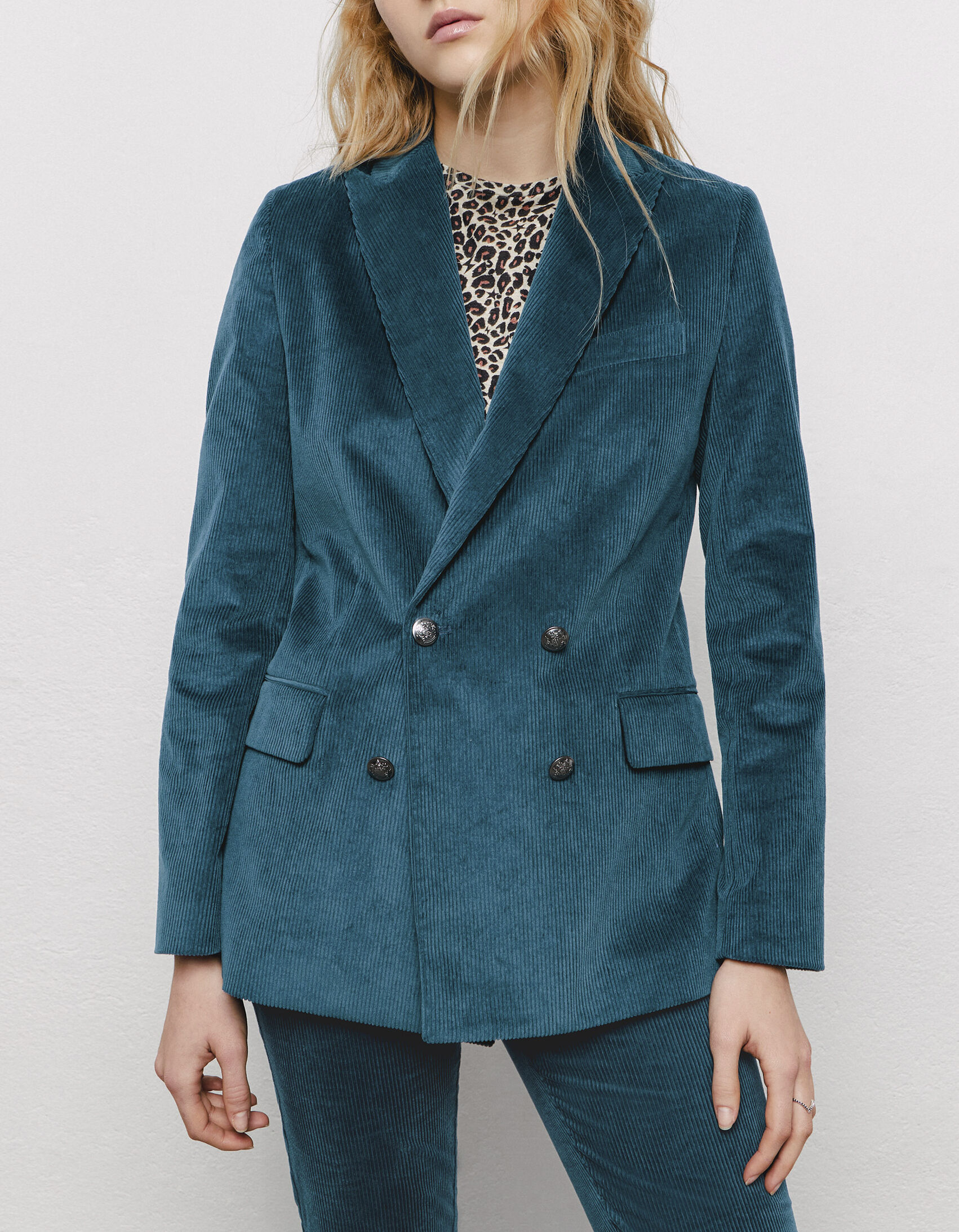 slate blue double-breasted corduroy jacket
