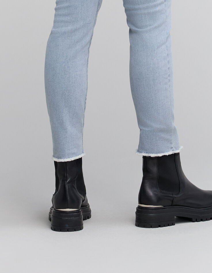 Jean droit bleu clair Waterless boutonné bas franges pour Femme-5 Jean droit bleu clair Waterless boutonné bas franges pour Femme-5