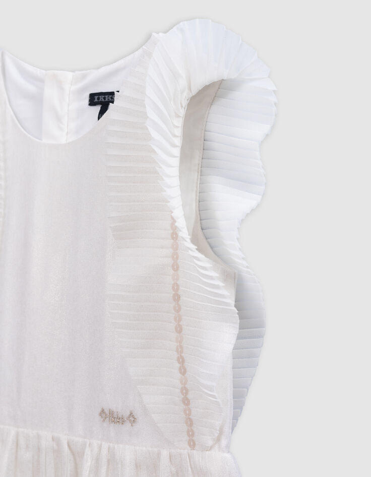 Ecru irisierendes Mädchenplisseekleid, Rüschen an Ärmeln-7