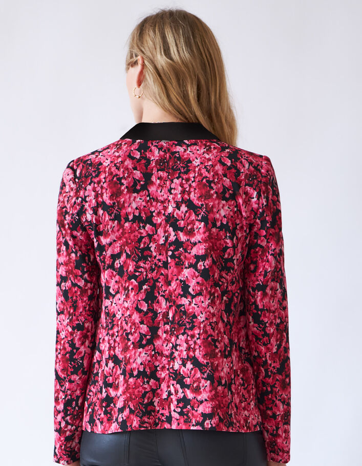 Women’s pink floral print crepe suit jacket, black collar - IKKS