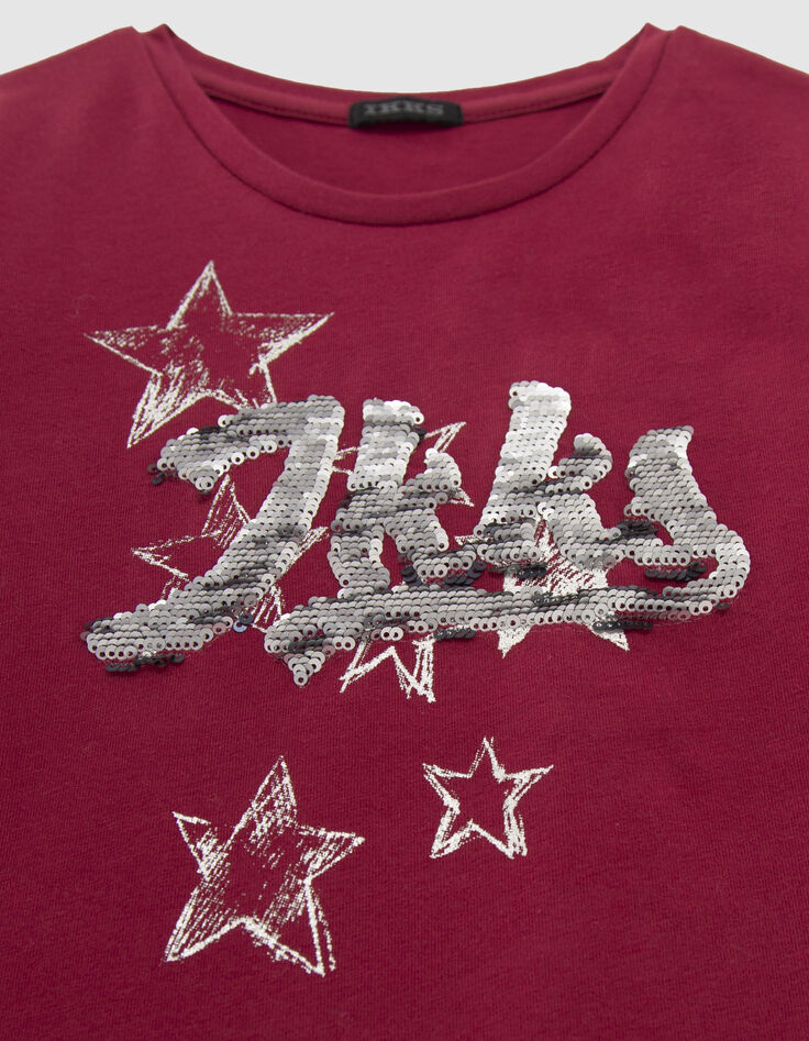 Girls’ burgundy IKKS reversible sequin T-shirt-6